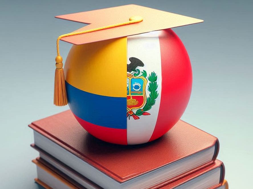 globo con la bandera de Colombia y Perú sobre libros apilados