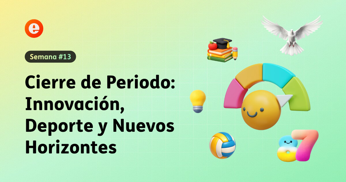 Collage minimalista con elementos de innovación, un balón de voleibol, siluetas de maestros en formación y el inicio del receso de Semana Santa