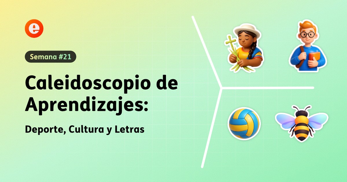 Collage que integra un balón de voleibol, banderas que representan la diversidad cultural, abejas simbólicas del concurso de deletreo y un grupo de estudiantes en salida pedagógica.
