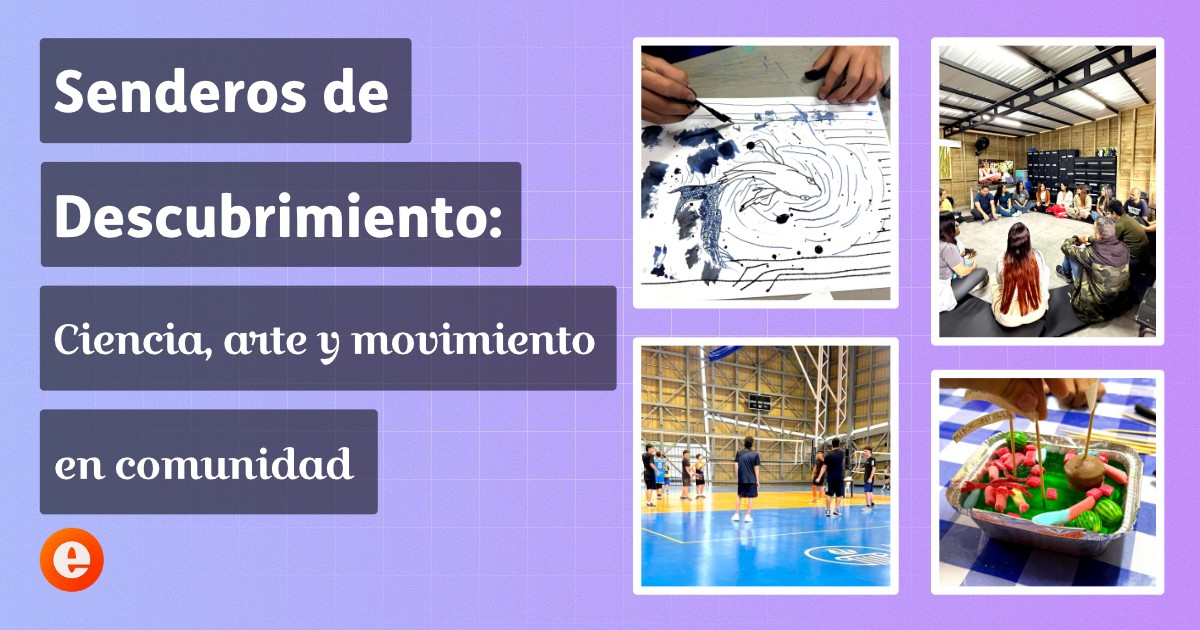 Collage con gap blanco que muestra una nube de lluvia dibujada por un niño, un detalle de manos haciendo fotobordado, niños en un circuito deportivo y una observación con microscopio.