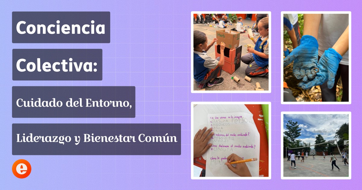 Collage que muestra la construcción de una paca biodigestora, estudiantes debatiendo en el modelo de la ONU, un remate en el torneo de voleibol y un taller formativo con jóvenes.