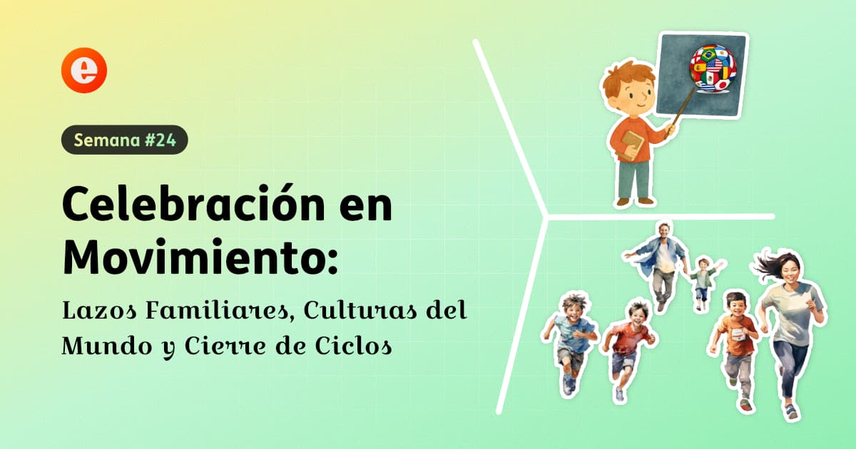 Collage que integra familias corriendo, mapas y banderas del mundo (UPAS Mundial), aprendices sustentando proyectos y una maleta de viaje con libros escolares.