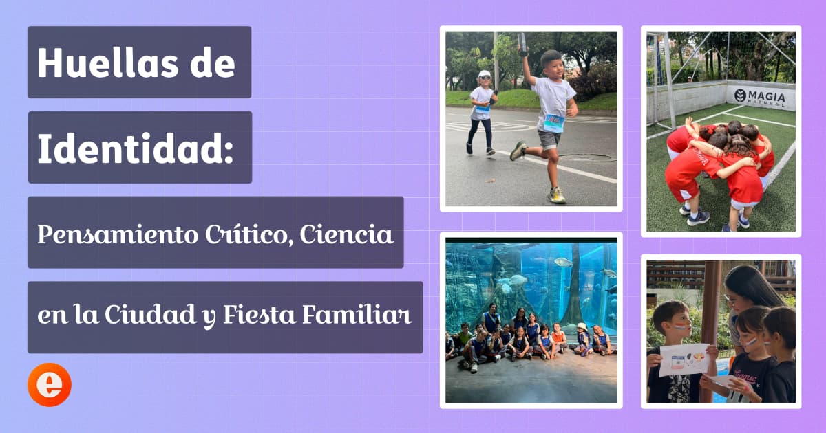 Collage que muestra familias cruzando la meta de la carrera, niños interactuando con las pantallas del Parque Explora, maquetas de la UPAS del Mundial y un taller de finanzas con monedas didácticas.