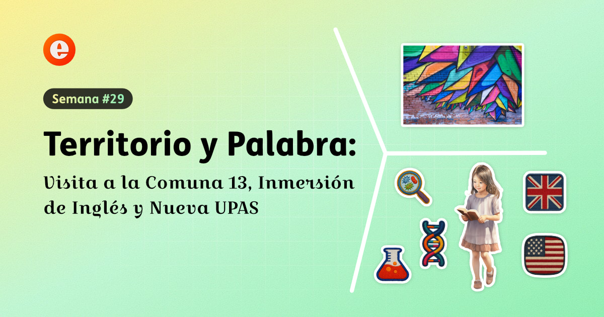 Collage con las Escaleras Eléctricas y murales de arte urbano de la Comuna 13, estudiantes en una experiencia de inmersión en inglés, y aprendices iniciando un proyecto de exploración científica.
