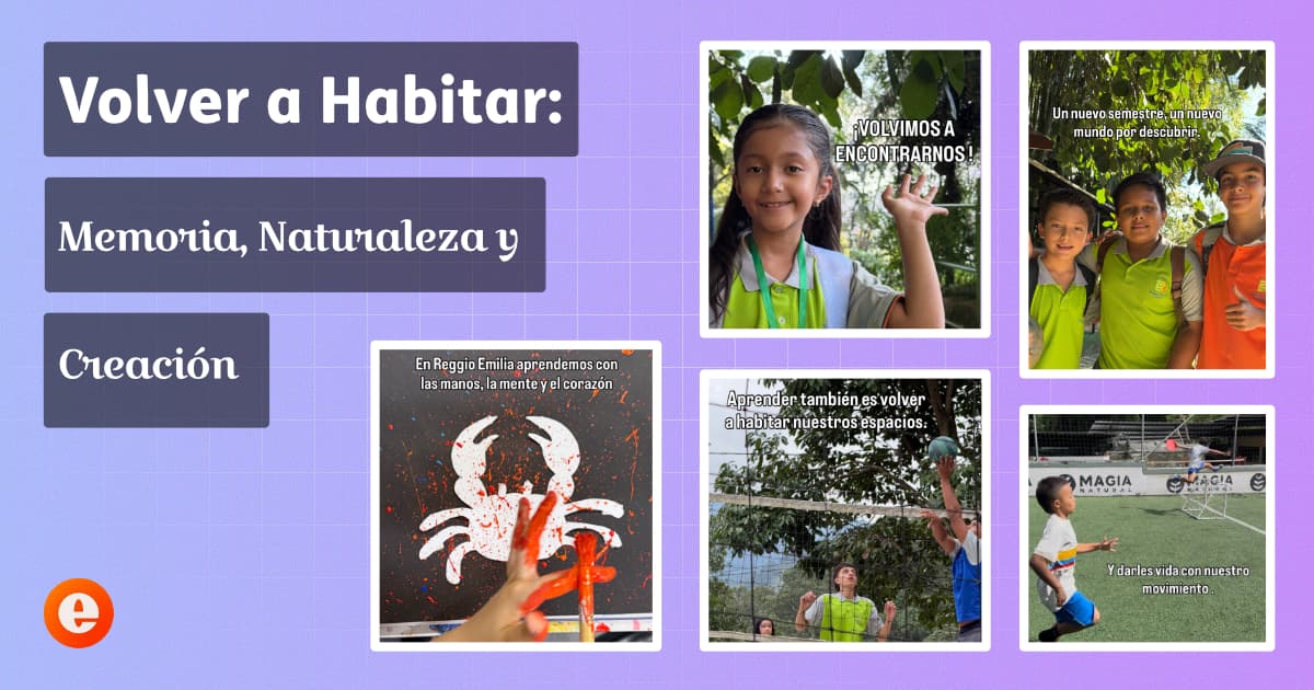 Collage de bienvenida al nuevo semestre: una aprendiz saludando de regreso a clases, tres aprendices con sus maletas escolares, una pintura de cangrejo hecha con salpicado de pintura, un partido de voleibol y una carrera de obstáculos.