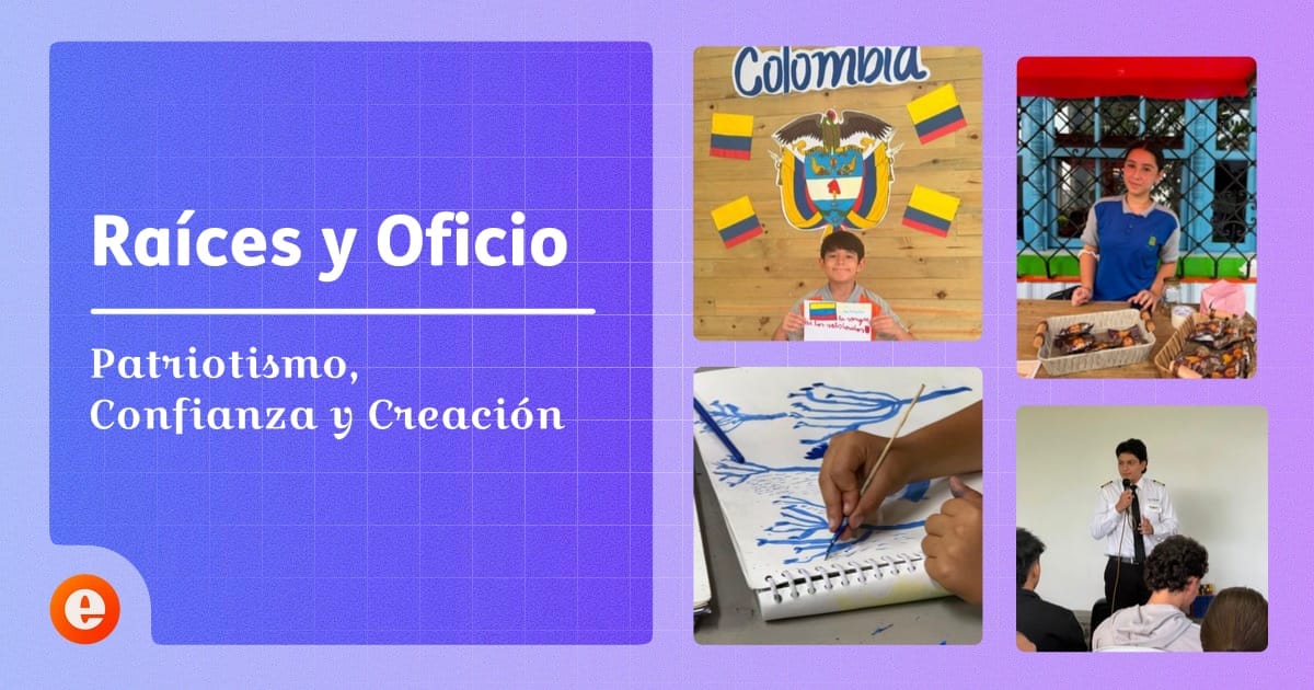 Collage con un niño sosteniendo un mensaje patrio frente al escudo de Colombia, una aprendiz vendiendo alfajores en la Tienda de la Confianza, manos pintando con tinta china en el Atelier, y un aprendiz de Ciclo 6 presentando su ensayo de grado.