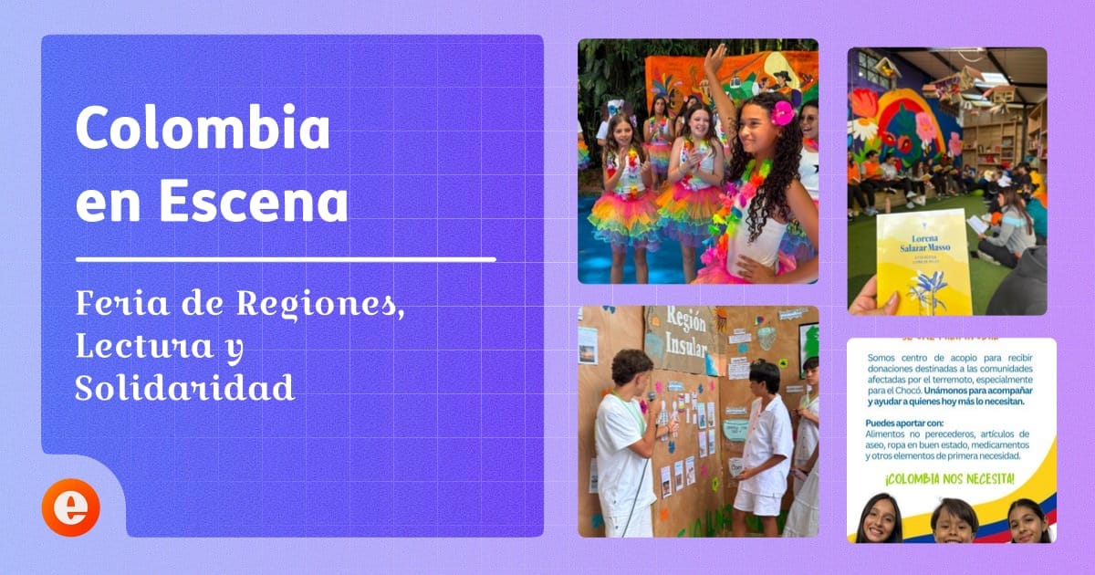 Collage con aprendices bailando en trajes de Carnaval de Barranquilla, tutores leyendo en el Club de Lectura, una presentación de cartelera de la Región Insular, y la infografía de la campaña de centro de acopio para el Chocó.