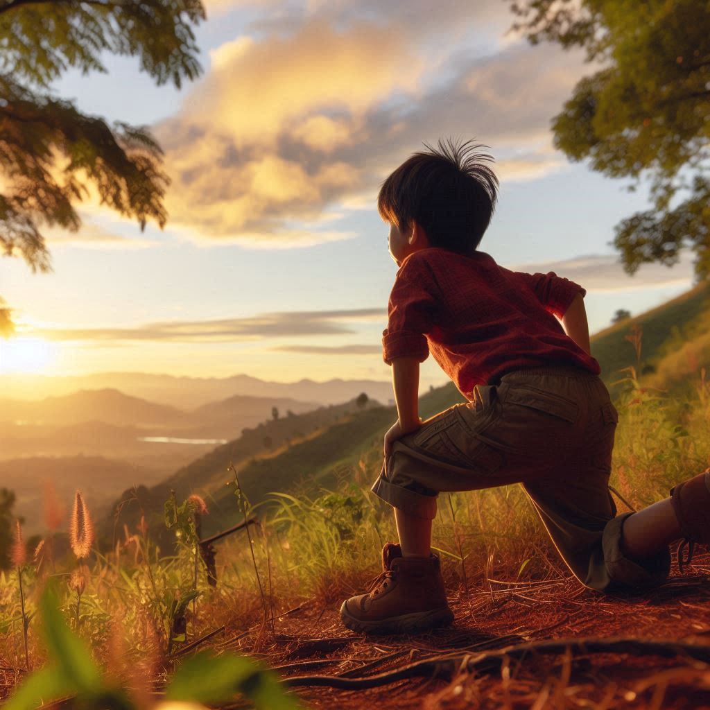 Niño levantándose de nuevo luego de un tropiezo, mirando el horizonte en la naturaleza