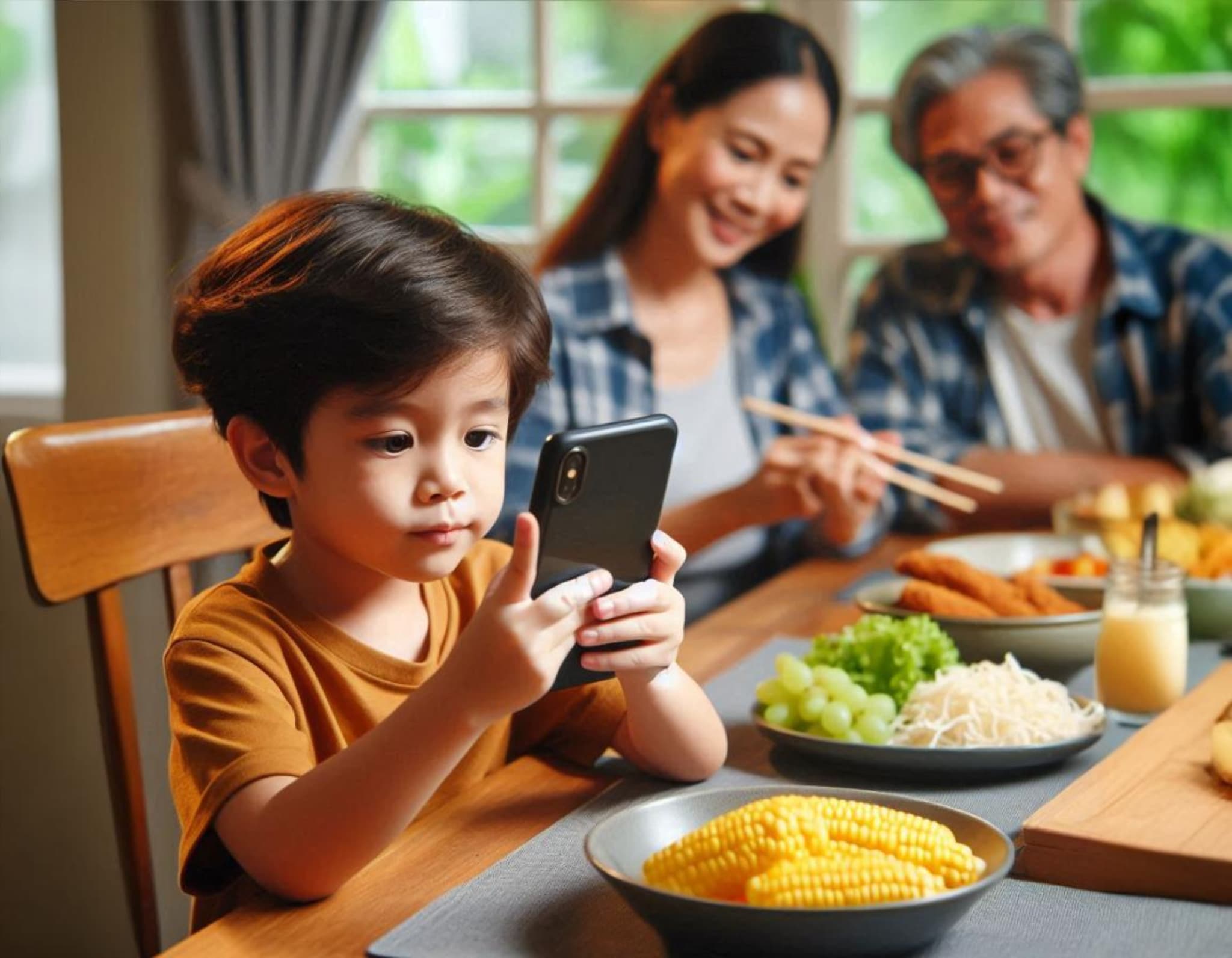 Un niño viendo una pantalla de móvil durante la cena