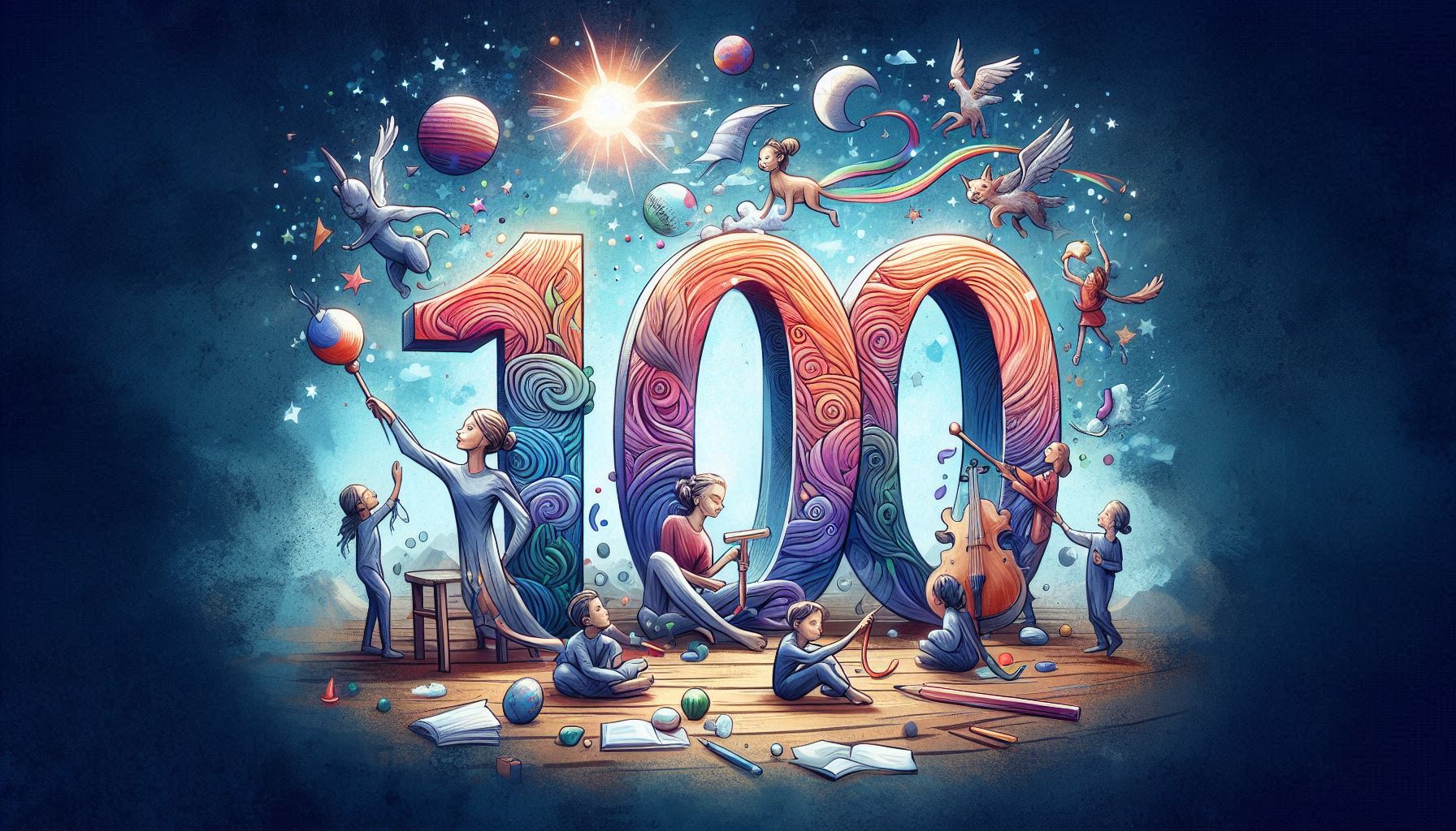 Número 100 rodeado de niños en una composición creativa