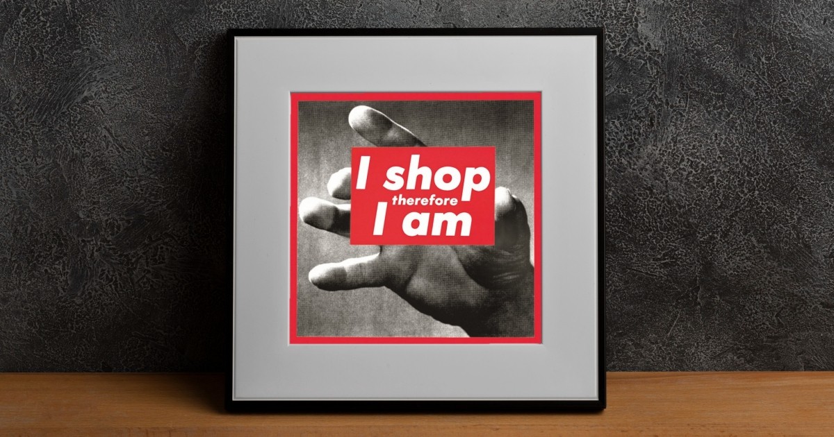 Artwork titled -Untitled (I shop therefore I am)- by Barbara Kruger, 1987, featuring bold text on a contrasting background