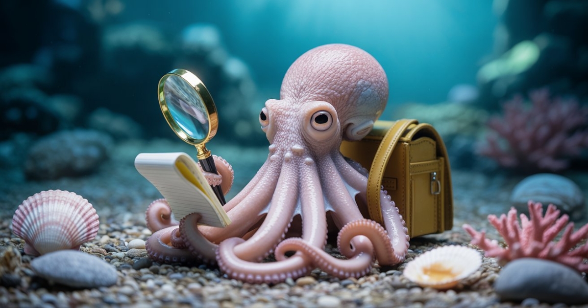 Un pulpo simpático con expresión curiosa, sosteniendo una lupa en una de sus patas y una libreta en otra. Lleva una pequeña mochila y está rodeado por objetos marinos.