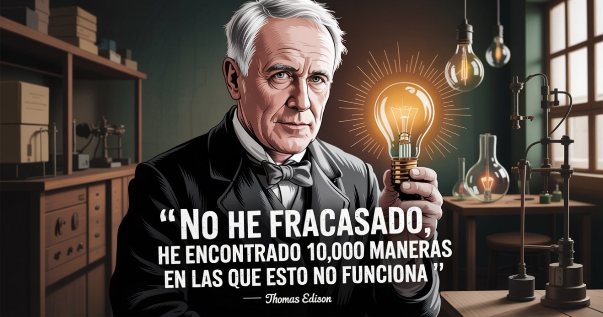 Imagen de Thomas Edison sosteniendo un bombillo con la frase «No he fracasado, solo he encontrado 10.000 formas que no funcionan».